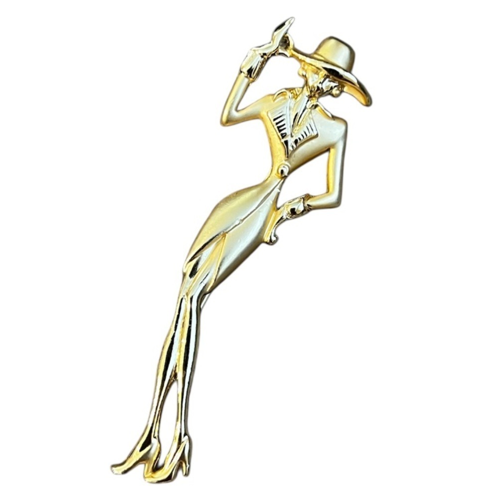 Vtg Figural Ajc Brooch Gold Tone Metal High Fashion Lady Woman Diva Hat Heels 18$